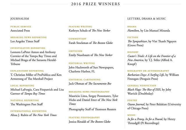 The list of Pulitzer Winners 2016. (Photo Courtesy: Pulitzer <a href="http://www.pulitzer.org/">Website</a> screengrab)