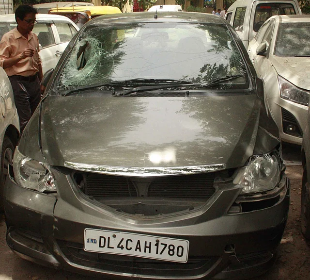 The car that hit three pedestrians at different places in Janakpuri area of Delhi, killing two of them on June 13, 2016. (Photo: IANS)