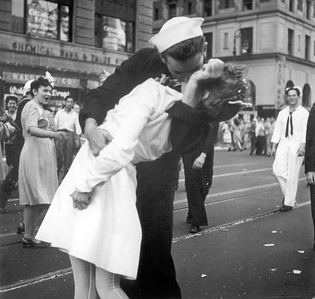 Victor Jorgensen’s iconic photograph of the V J Day kiss in Times Square when the news of Japan’s surrender arrived and the US Navy sailor kissed a nurse instantly.