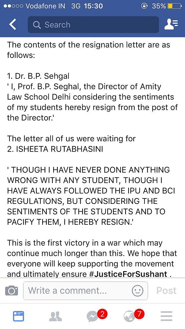 Screenshot of a student’s Facebook post containing the alleged contents of the resignation letters. (Photo: Amity Law School student)