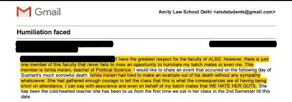 Screenshot of a mail from an Amity student about Isheeta Rutabhasini. (Photo Courtesy: Amity Law School student)