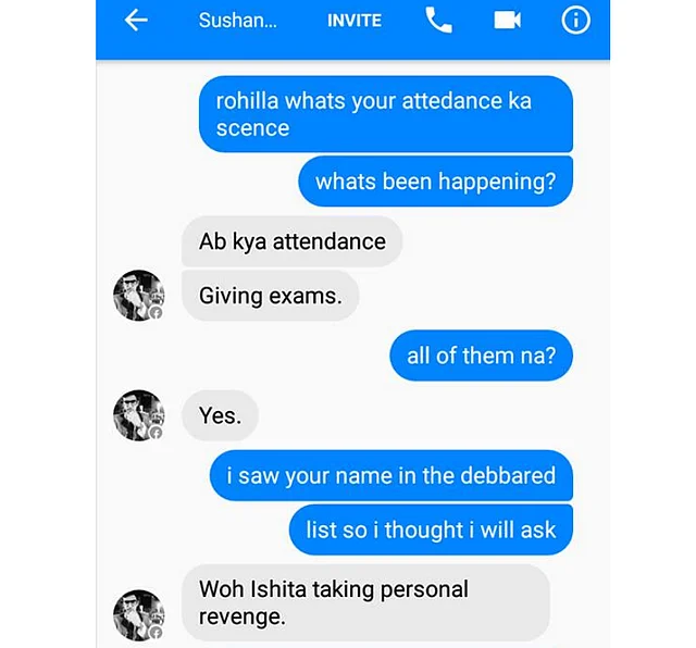 Screenshot of Sushant’s conversation with a friend. (Photo Courtesy: Amity Law School student)