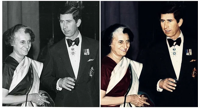 Prince Charles in conversation with Indira Gandhi at a banquet. (Dimple Negi)