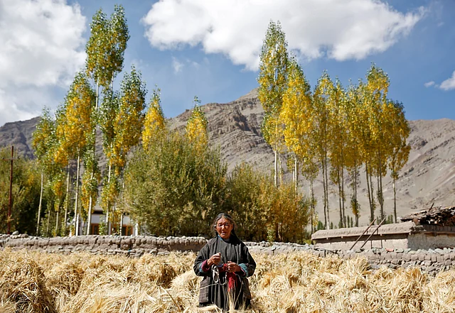 Tashi Phutit, 81, a wheat farmer and housewife poses for a photograph in the village of Stok. (Photo: Reuters)