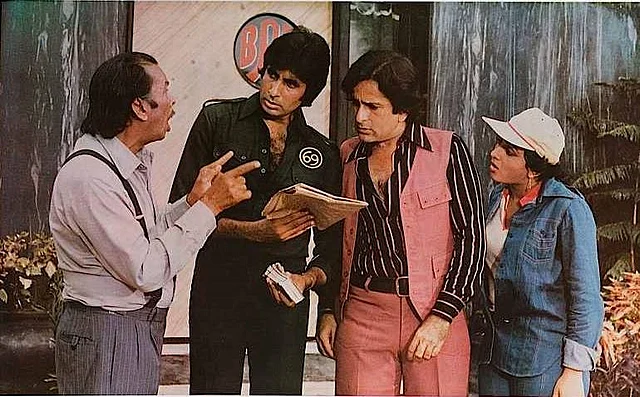 Johnny Walker with Amitabh Bachchan, Shashi Kapoor and Bindya Goswami in a still from <i>Shaan</i>.