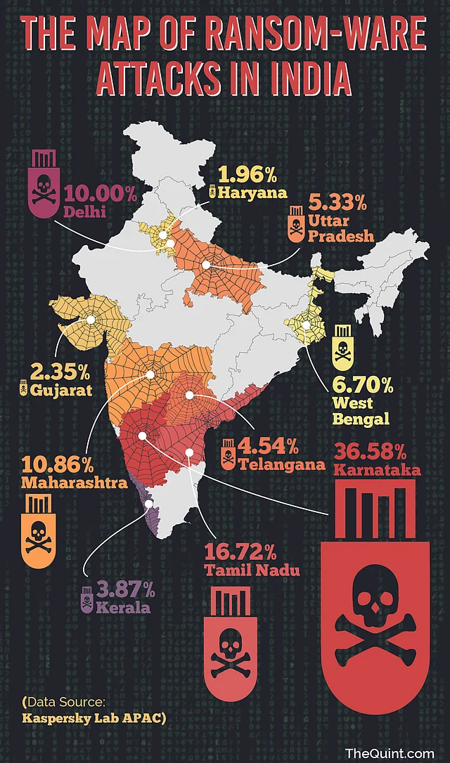 A map showing the distribution of ransomware attacks in India. (Photo: Harsh Sahani/<b>The Quint</b>)