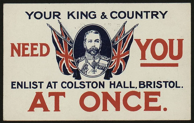 A poster In Bristol during World War I (Photo Courtesy: <a href="http://www.amdigital.co.uk/images/modules/Collections/Item-Images/1366/c3ebfd16acbd45009f563fb8b62cdee3.jpg">Amdigital</a>)