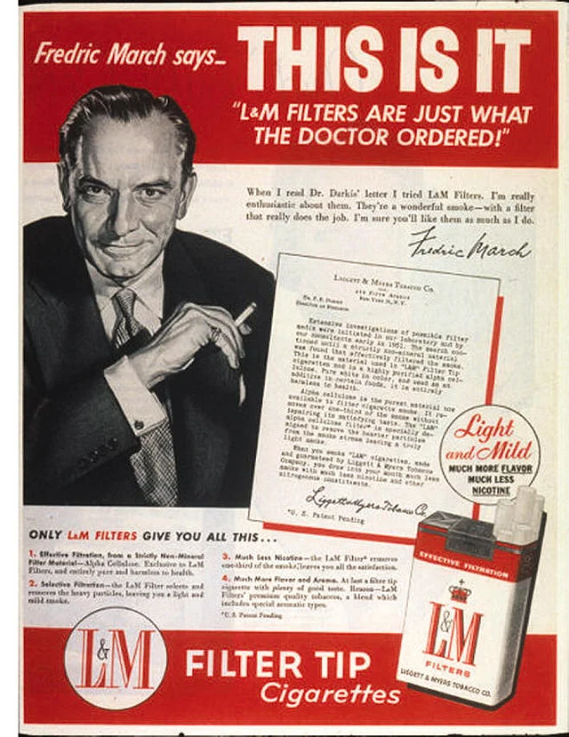 Actor Fredric March in an advertisement for L&M Filters. (Photo Courtesy: US <a href="https://www.ncbi.nlm.nih.gov/pmc/articles/PMC1470496/figure/f6/">National Library of Medicine</a>)