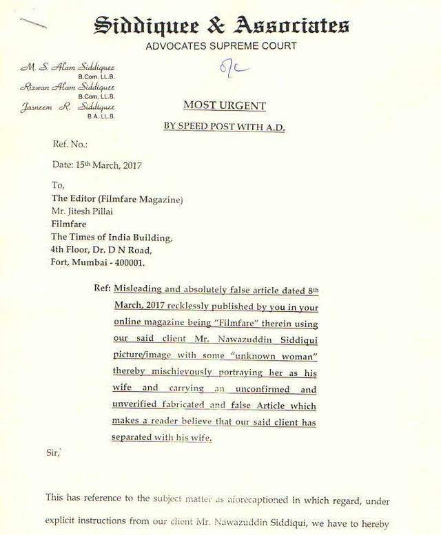 The first page of the notice sent by Nawazuddin Siddiqui’s lawyers. (Photo courtesy: <b>The Quint</b>)