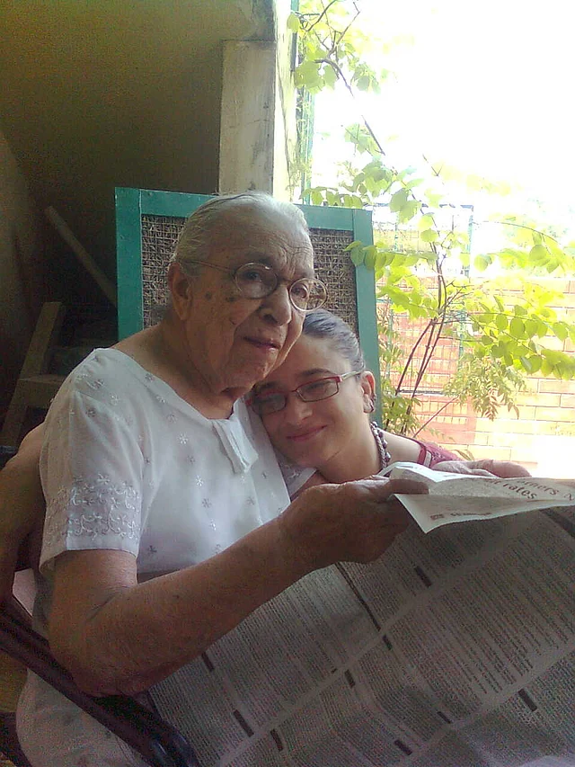 Sujata Sehgal cuddling with her grandmother in the balcony of their Delhi home. 