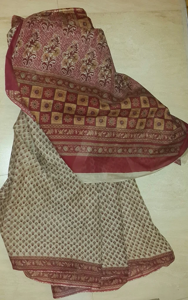 I hold the pallu out so that he can see the design and colours and ask, “Anna, isn’t this saree pretty? Red and ocher on beige?” (Photo Courtesy: Sangeeta Murthi Sahgal)