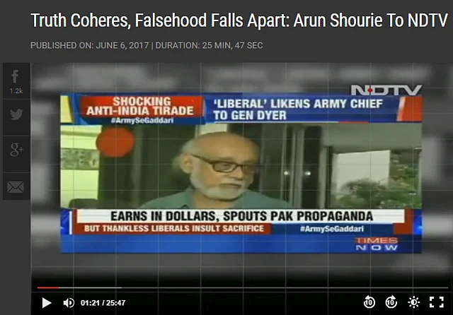 Times Now was not spared either in NDTV’s rant against “propagandist” channels (Photo: Screengrab/<a href="http://www.ndtv.com/video/shows/reality-check/truth-coheres-falsehood-falls-apart-arun-shourie-to-ndtv-459370">NDTV</a>)