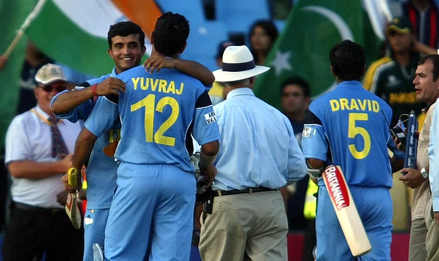 Captain Sourav Ganguly congratulates Yuvraj Singh after the win. (Photo: Reuters)