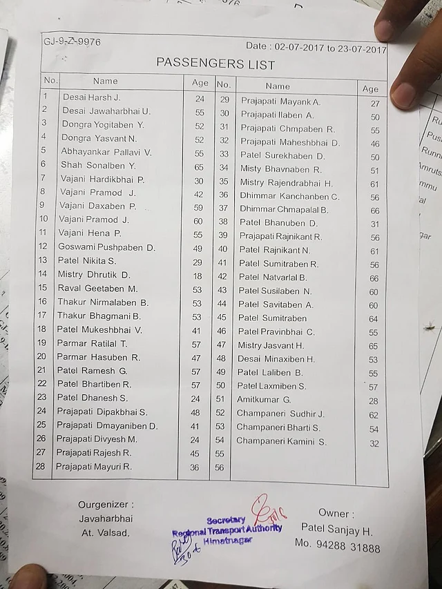 List of passengers in the bus.