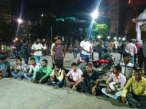 Media persons blocking a road near CM Manik Sarkar’s official residence.