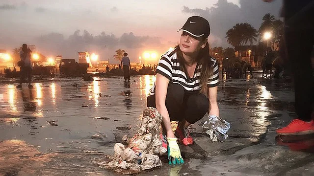 Dia Mirza helps clean Juhu Beach the morning after Ganesh visarjan.