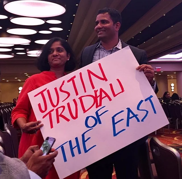Rahul Gandhi fans in New York carrying a poster that reads: Justin Trudeau of the East.
