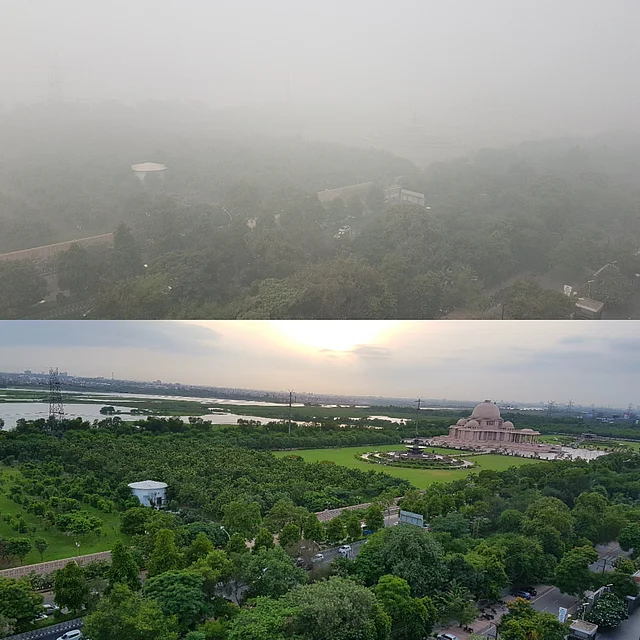 (Top: Image taken on 8 November 2017; Bottom: Image taken in October 2017. The Yamuna flows somewhere behind the muddy haze.) 