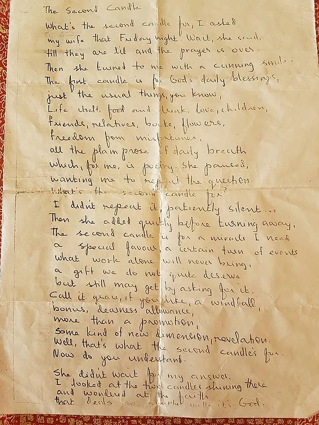 ‘The Second Candle’ - Nissim Ezekiel’s hand-written version, shared by his daughter Kavita on social media.