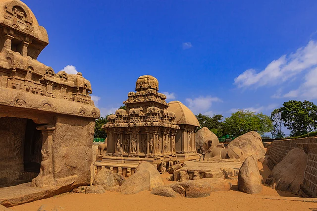 Mahabalipuram, India: 1,300 Year Old Pancha Rathas, sculpted in Granite. 