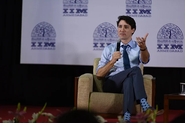 Canadian PM Justin Trudeau talking to students at IIM Ahmedabad.