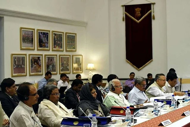 The chief ministers of Madhya Pradesh, Karnataka, J&K, Chhattisgarh, Goa, and Assam, at the NITI Aayog Governing Council meeting, in New Delhi, on 23 April 2017.