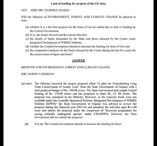 Reply to West Bengal MP, Md Nadimul Haque’s query on fund allocation for lions