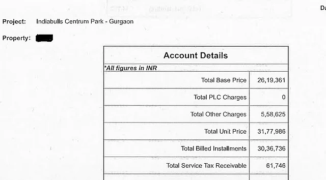 A copy of the computer generated receipt by Indiabulls that shows the initial valuation of the flat in Centrum Park as Rs 26 lakh which was later hiked to Rs 31 lakh.