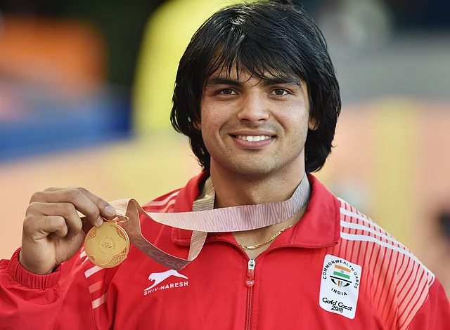 Men’s javelin gold medalist India’s Neeraj Chopra stands on the podium at Carrara Stadium during the 2018 Commonwealth Games on the Gold Coast, Australia, Saturday, 14 April 2018.