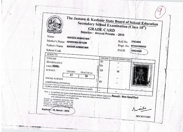 Rayees Ahmad Mir’s class 10 marksheet highlighting his date of birth.