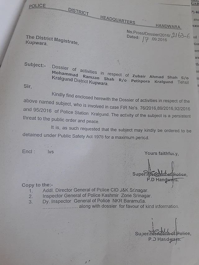 Zubair Ahmad Shah’s detention order.