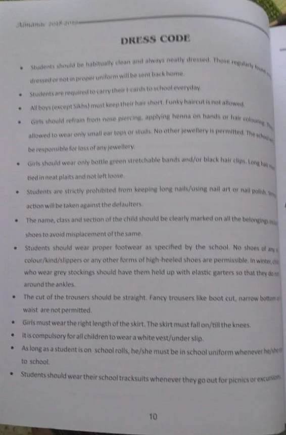 Screenshot from the school diary of DPS Rohini with instructions on dress code for students.