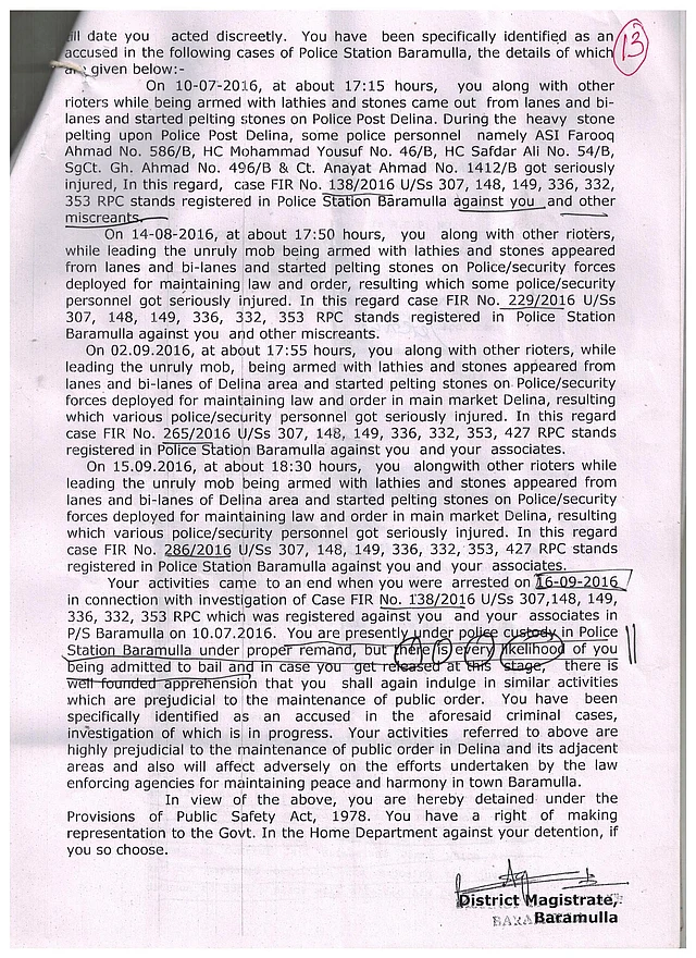 Copy of Rayees Ahmad Mir’s detention order.