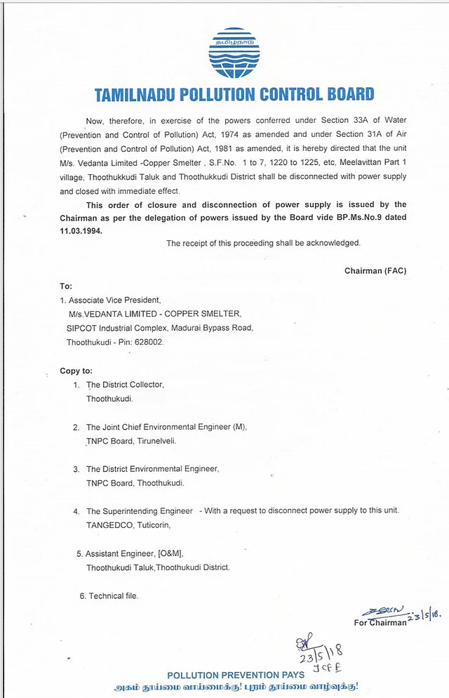A Copy of the Tamil Nadu Pollution Board Order. 