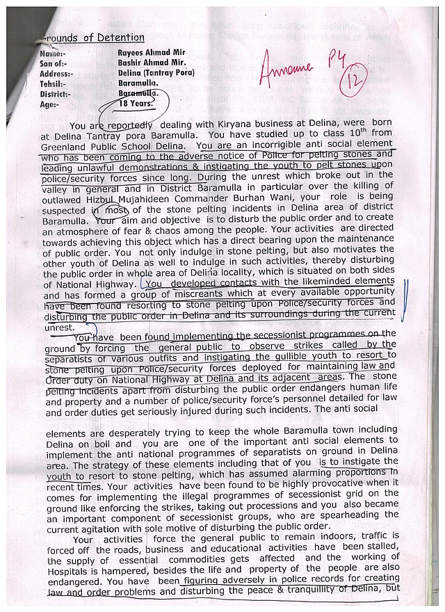 Copy of Rayees Ahmad Mir’s detention order.