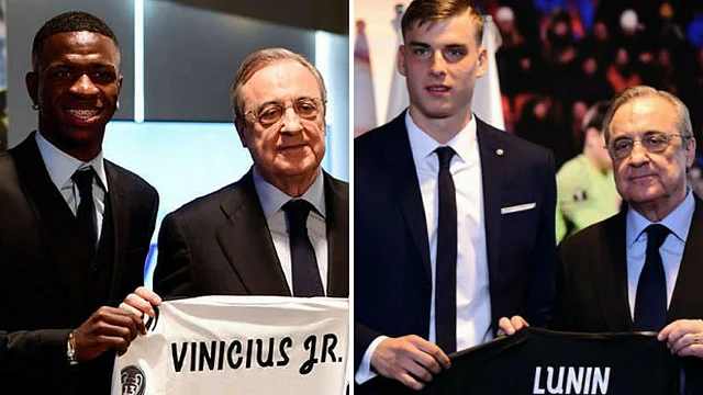 Vinicius Junior (left) and Andriy Lunin with Real Madrid President Florentino Perez.