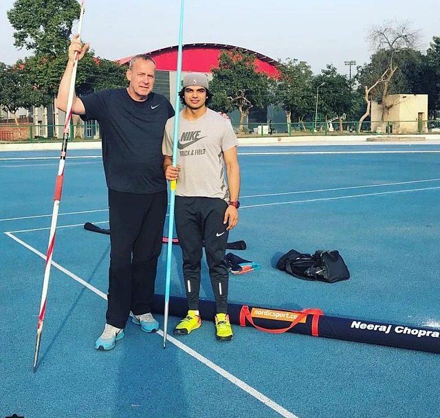 Neeraj with his German coach Uwe Hohn at a training camp in Patiala.