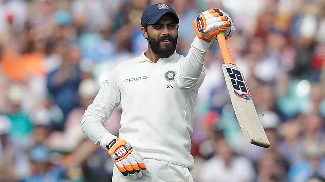 India’s Ravindra Jadeja celebrates reaching 50 runs during the fifth Test against England at The Oval in London.