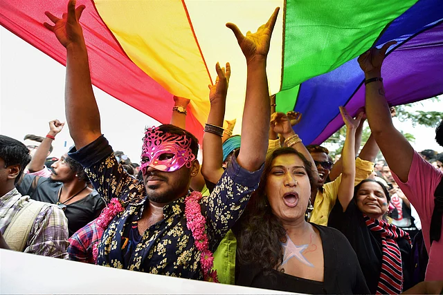 Supports and activists from the community celebrating under the LGBTQ Flag.