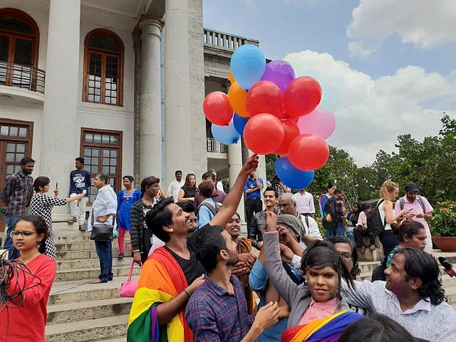 Supporters of the LGBTQ community in Bengaluru celebrate with balloons, following SC’s verdict. 