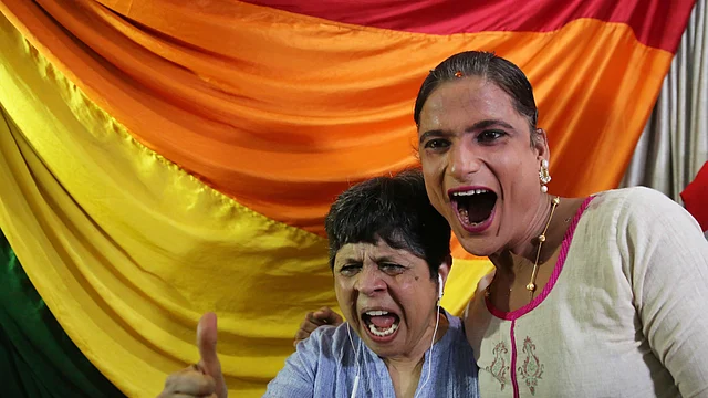 Gay rights activist Chitra Palekar celebrates the SC’s decision in Mumbai.