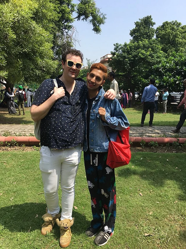 LGBTQ supporters pose outside the Supreme Court, New Delhi.