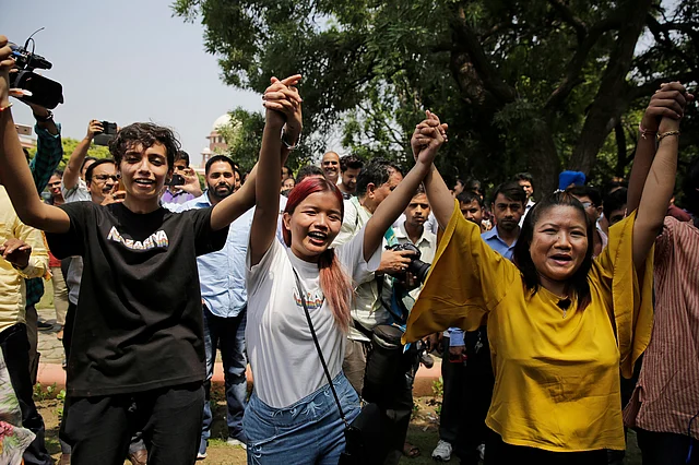 Members of the Nazariya foundation celebrate the apex court’s verdict in New Delhi on Thursday.