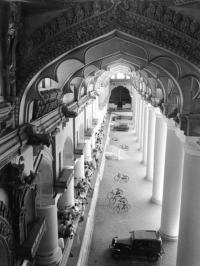 A view of the ornate art and architecture of a building in Chennai, India, 1948.