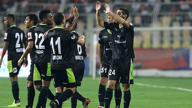 Bikramjit Singh of Delhi Dynamos FC celebrates a goal against FC Goa in Margao on Thursday.
