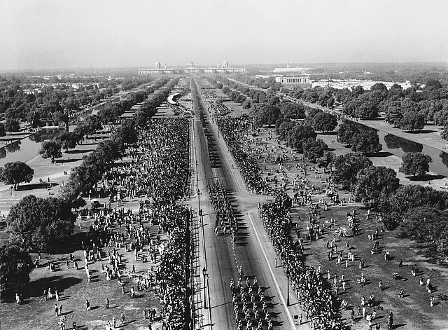 Aerial view of the Republic Day Parade in Delhi taken from the top of India Gate in 1951