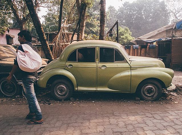 A vintage HM car from the 50s at a local garage-<i>wallah’s, </i>who supplies cars for films 