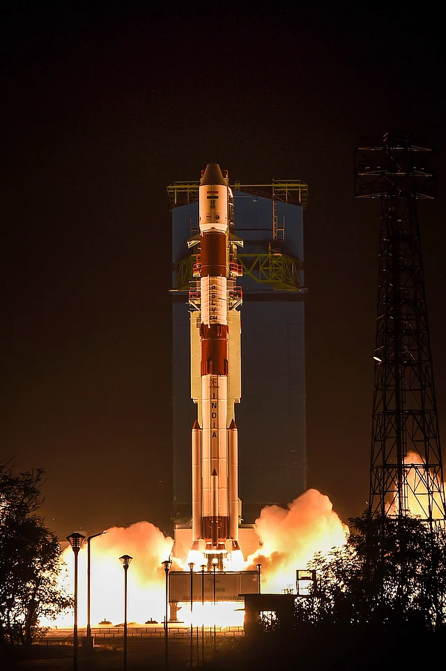 ISRO’s PSLV-C44, carrying military satellite Microsat-R and students’ payload ‘Kalamsat’, lifts off from the first launch-pad at the Satish Dhawan Space Centre in Sriharikota, on 24 January 2019.