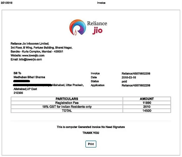 A fake Jio invoice of the payment made by Madhuban Bihari Sharma, one of the victims.