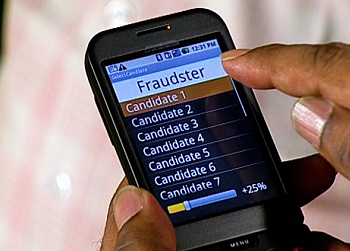 An application running on an Android mobile phone uses Bluetooth to tell our dishonest display which candidate should receive stolen votes 